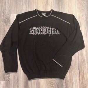 Y2K Sean John Chunky Knit Spellout Logo Black Grey Embroidered Sweater Men's XL